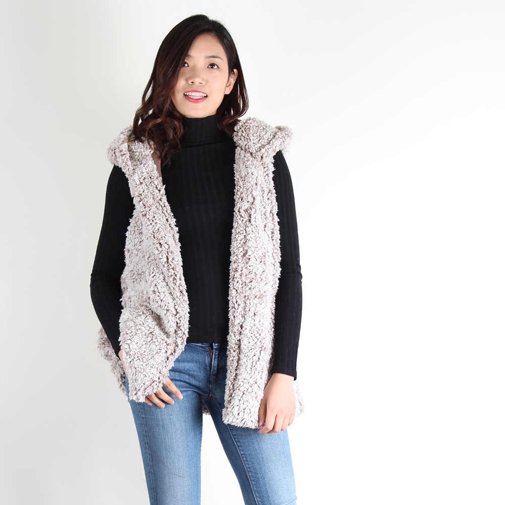Light Brown Sherpa Hoodie Vest With Linning